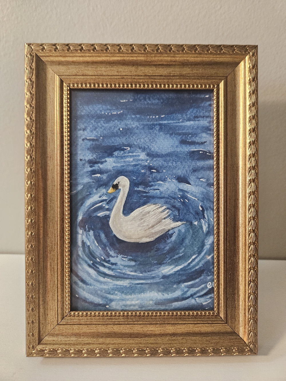 Originial Swan Watercolor Gouache Art In A Vintage Gold Frame